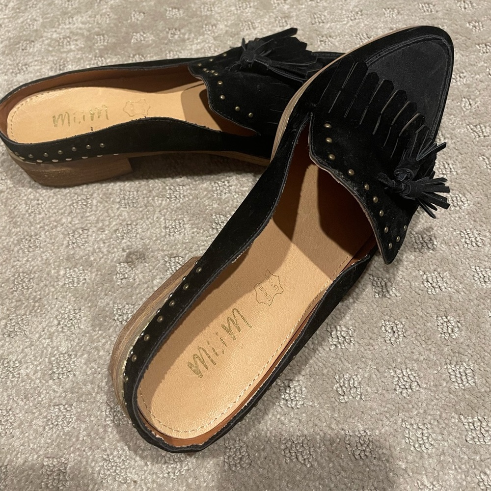 Black leather slip on mules